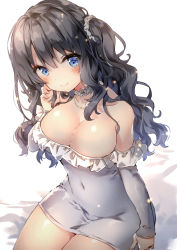 Rule 34 | 1girl, absurdres, arm at side, bare shoulders, bead necklace, beads, bed sheet, black hair, blue eyes, blush, breasts, choker, cleavage, closed mouth, collarbone, covered navel, dress, frilled sleeves, frills, grey dress, hair ornament, hair scrunchie, head tilt, highres, jewelry, large breasts, legs together, long hair, long sleeves, looking at viewer, necklace, off-shoulder dress, off shoulder, one side up, pink lips, riichu, scan, scrunchie, short dress, sitting, smile, solo, tareme, thighs, wavy hair