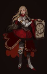 Rule 34 | 1girl, armor, blonde hair, breastplate, brown background, closed mouth, earrings, freckles, highres, jewelry, lipstick, long hair, looking at viewer, makeup, mossacannibalis, orange eyes, original, red lips, red skirt, simple background, skirt, solo