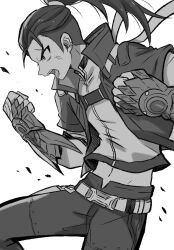 Rule 34 | 1boy, belt, clenched hands, earrings, fingerless gloves, gloves, greyscale, highres, jacket, jewelry, male focus, matthew (xenoblade), monochrome, pants, ponytail, profile, scar, scar across eye, solo, xenoblade chronicles (series), xenoblade chronicles 3, xenoblade chronicles 3: future redeemed, yataba