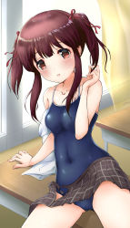 Rule 34 | 1girl, :d, arm support, blue one-piece swimsuit, blush, breasts, brown eyes, brown hair, classroom, collarbone, competition school swimsuit, covered navel, cowboy shot, curtains, desk, gluteal fold, hair ribbon, hand up, head tilt, highres, idolmaster, idolmaster cinderella girls, indoors, kuroba aki, looking at viewer, off shoulder, ogata chieri, one-piece swimsuit, open clothes, open mouth, open skirt, plaid, plaid skirt, pleated skirt, ribbon, school desk, school swimsuit, school uniform, shiny clothes, shiny skin, shirt, sidelocks, sitting, skirt, small breasts, smile, solo, swimsuit, swimsuit under clothes, twintails