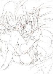 Rule 34 | 10s, 2girls, arm belt, artist request, boots, cloak, coat, dress, fine (symphogear), greyscale, hair ribbon, hime cut, hood, hooded cloak, jewelry, legs grab, legs up, long hair, looking at viewer, monochrome, multiple girls, necklace, no eyes, pleated dress, ribbon, scarf, senki zesshou symphogear, sketch, source request, spoilers, tsukuyomi shirabe, twintails, white background, winter clothes, winter coat