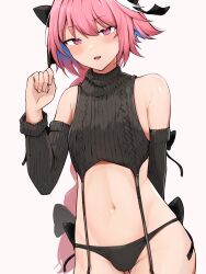 Rule 34 | 1boy, astolfo (fate), blush, bow, braid, detached sleeves, fang, fate/apocrypha, fate/grand order, fate (series), hair bow, hair ribbon, highres, knomico, long hair, looking at viewer, male focus, meme attire, multicolored hair, navel, open mouth, panties, pink hair, ribbed sleeves, ribbon, single braid, solo, sweater, trap, turtleneck, underwear, virgin destroyer sweater