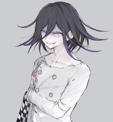 Rule 34 | 1boy, black hair, blood, checkered clothes, checkered scarf, collarbone, commentary request, danganronpa (series), danganronpa v3: killing harmony, grey background, grey jacket, hair between eyes, highres, holding, holding clothes, holding scarf, iumi urura, jacket, long sleeves, male focus, medium hair, multicolored hair, oma kokichi, pink blood, purple hair, saliva, scarf, unworn scarf, shaded face, simple background, solo, straitjacket, two-tone hair, upper body