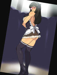 Rule 34 | 1girl, apron, black hair, black thighhighs, breasts, crowd, embarrassed, glasses, gloves, greco roman (spiral brain), high heels, highres, large breasts, long hair, looking to the side, maid, maid apron, maid headdress, no bra, original, red eyes, see-through, solo, sweatdrop, thighhighs, thong