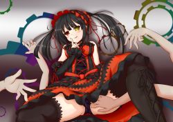 Rule 34 | 10s, 1girl, :q, bad id, bad pixiv id, bare shoulders, black hair, black panties, boots, breasts, cleavage, clock eyes, date a live, dress, hairband, heterochromia, lolita fashion, lolita hairband, long hair, looking at viewer, panties, red eyes, ribbon, smile, solo, symbol-shaped pupils, thighhighs, tokisaki kurumi, tongue, tongue out, twintails, underwear, yellow eyes, zegdos