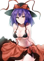 Rule 34 | 1girl, arms behind back, bare arms, bare shoulders, bikini, black bikini, black hat, bow, breasts, collarbone, commentary request, cowboy shot, hat, hat bow, highres, large breasts, leaning forward, lips, looking at viewer, nagae iku, navel, purple hair, red bow, red eyes, sarong, shiny skin, short hair, simple background, smile, solo, standing, stomach, swimsuit, thighs, touhou, transparent background, white background, y2