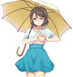 Rule 34 | 1girl, alternate costume, blue eyes, blue skirt, breasts, brown hair, commentary request, heart, heart-shaped boob challenge, heart hands, highres, holding, holding umbrella, looking at viewer, love live!, love live! school idol festival, love live! sunshine!!, medium breasts, nanotsuki, short hair, simple background, skirt, solo, umbrella, watanabe you, white background