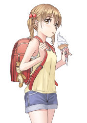 Rule 34 | 1girl, backpack, bad id, bad pixiv id, bag, bag charm, blush, brown eyes, brown hair, camisole, charm (object), closed mouth, cowboy shot, denim, denim shorts, eating, food, hair bobbles, hair ornament, holding, holding food, ice cream, looking at viewer, original, randoseru, short shorts, shorts, simple background, solo, thighs, tongue, tongue out, twintails, white background, yoropa