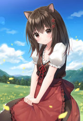 Rule 34 | 1girl, animal ears, anz32, apron, apron grab, black dress, black hair, blue sky, blush, brown eyes, cat ears, closed mouth, cloud, commentary request, day, dress, flower, frilled apron, frills, hair between eyes, hair flower, hair ornament, long hair, looking at viewer, original, outdoors, puffy short sleeves, puffy sleeves, red apron, red flower, shirt, short sleeves, sky, sleeveless, sleeveless dress, smile, solo, twitter username, waist apron, white shirt