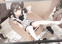 Rule 34 | 1girl, apron, black bow, black dress, black footwear, black hair, bow, box, broken, bucket, cardboard box, checkered floor, collared dress, commentary request, dress, duster, frilled apron, frills, grey eyes, highres, in box, in container, indoors, looking at viewer, maid, maid apron, maid headdress, no shoes, original, parted lips, puffy short sleeves, puffy sleeves, shoes, short sleeves, sidelocks, solo, spill, thighhighs, v-shaped eyebrows, white apron, white thighhighs, yukie (kusaka shi)