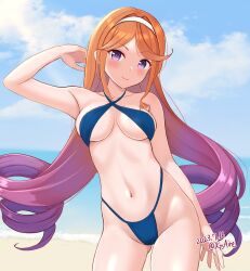 Rule 34 | 1girl, ame-san, asymmetrical sidelocks, beach, blue one-piece swimsuit, blue sky, blue slingshot swimsuit, breasts, casual one-piece swimsuit, cloud, criss-cross halter, dated, day, drill hair, gradient hair, hairband, halterneck, highres, kantai collection, long hair, medium breasts, multicolored hair, one-piece swimsuit, orange hair, outdoors, purple eyes, purple hair, side drill, sky, slingshot swimsuit, smile, solo, standing, swimsuit, white hairband, yuugure (kancolle)