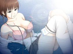 Rule 34 | 1girl, blood, bra, breasts, brown hair, cable, cleavage, densan rengou kantai teitoku ouka, electric plug, fish, large breasts, lens flare, lingerie, off shoulder, open clothes, open shirt, original, ouka (ouka teitoku), shirt, short hair, skirt, solo, strap slip, thighhighs, torn clothes, torn thighhighs, touge takanori, underwear, water, wet, wet clothes, wire