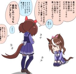 Rule 34 | 2girls, animal ears, brown hair, commentary request, crossed arms, horse ears, horse tail, kitasan black (umamusume), lecturing, long hair, medium hair, multiple girls, nice nature (umamusume), open mouth, school uniform, seiza, shein, shoes, simple background, sitting, tail, thighhighs, tracen school uniform, translation request, umamusume, white background