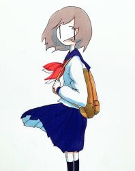 Rule 34 | 1girl, backpack, bag, black socks, blue sailor collar, blue skirt, brown bag, brown hair, feet out of frame, floating hair, from side, holding strap, kneehighs, long sleeves, looking at viewer, looking to the side, neckerchief, original, pleated skirt, red neckerchief, sailor collar, sailor shirt, school uniform, serafuku, shirt, short hair, simple background, skirt, socks, solo, standing, tareme, tokunaga aoi, traditional media, white background, white shirt, wind, | |