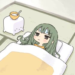 Rule 34 | 1girl, :|, black eyes, blush, bowl, closed mouth, cold pack, creature, from above, furrowed brow, futon, green hair, half-closed eyes, head on pillow, highres, long hair, looking up, lying, nezutako, on back, on floor, orange shirt, original, porridge, shirt, sick, solo, tatami, under covers
