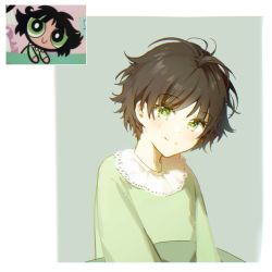 Rule 34 | 1girl, black hair, blush, buttercup redraw challenge (meme), derivative work, green eyes, green pajamas, highres, looking at viewer, meme, messy hair, pajamas, powerpuff girls, reference inset, screenshot inset, screenshot redraw, shadow, short hair, smile, solo, upper body, xuanqing0726