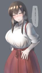 Rule 34 | 1girl, absurdres, akagi (kancolle), breath, brown eyes, brown hair, commentary request, cowboy shot, hakama, hakama short skirt, hakama skirt, hand on own hip, highres, japanese clothes, kanikama25, kantai collection, kimono, long hair, looking back, red hakama, skirt, solo, straight hair, translation request, white kimono