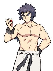Rule 34 | 1boy, black hair, bruno (pokemon), collarbone, commentary request, creatures (company), elite four, game freak, hair tie, hand up, highres, holding, holding poke ball, kiwi of ruin, korean commentary, long hair, male focus, muscular, muscular male, nintendo, pants, poke ball, poke ball (basic), pokemon, pokemon hgss, sash, simple background, solo, topless male, white background, white pants