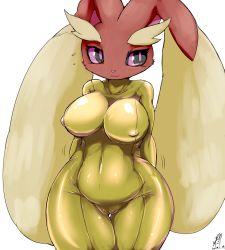 Rule 34 | 1girl, :3, animal ears, arms behind back, artist name, black eyes, blush, bodysuit, breasts, closed mouth, clothed pokemon, colored sclera, cottontail, covered collarbone, covered erect nipples, covered navel, creatures (company), dated, female focus, flying sweatdrops, furry, furry female, game freak, gen 4 pokemon, highres, large breasts, light blush, looking away, looking to the side, lopunny, nintendo, pink sclera, pokemon, pokemon (creature), rabbit ears, shiny clothes, shy, signature, simple background, skin tight, smile, solo, thick thighs, thighs, white background, wide hips, yellow bodysuit
