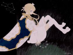 Rule 34 | 1girl, artist name, black background, blonde hair, blue cape, blue eyes, boots, bow, braid, braided bun, bridal gauntlets, cape, chisato charme, closed mouth, cloud print, commentary, constellation, constellation request, crown, dress, elbow gloves, epaulettes, expressionless, from side, full body, fur-trimmed dress, fur trim, gloves, gold trim, hair bow, hair bun, long hair, looking at viewer, looking to the side, mini crown, original, pom pom (clothes), print cape, short dress, short hair with long locks, single hair bun, solo, star (symbol), symbol-only commentary, thigh boots, white dress, white footwear