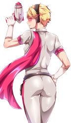 Rule 34 | 1boy, ass, blonde hair, e (remix99), energy gun, from behind, gloves, hand on own hip, headset, idol, idolmaster, idolmaster side-m, licking lips, looking at viewer, maita rui, male focus, ray gun, red eyes, simple background, skin tight, smile, solo, starting brighty, tongue, tongue out, weapon, white background, white gloves