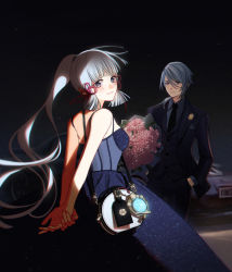 Rule 34 | 1boy, 1girl, alternate costume, arms behind back, ayaka (genshin impact), bag, black necktie, blue dress, blue eyes, blunt bangs, bouquet, breasts, brother and sister, car, closed mouth, dress, extra minta, flower, formal, genshin impact, grey hair, hair ribbon, hand in own hair, highres, holding, holding bouquet, jacket, kamisato ayato, long hair, looking at viewer, looking back, mazda, mazda rx-7, medium breasts, mole, mole under mouth, motor vehicle, necktie, night, outdoors, pants, pink flower, ponytail, ribbon, shoulder bag, siblings, suit, very long hair, vision (genshin impact)