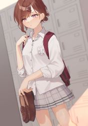 Rule 34 | 1girl, backpack, bag, blurry, blurry background, brown hair, commentary request, dutch angle, getabako, hair ornament, hairclip, highres, higuchi madoka, idolmaster, idolmaster shiny colors, loafers, miniskirt, mitora nao, mole, mole under eye, plaid, plaid skirt, pleated skirt, purple eyes, school uniform, shirt, shoes, unworn shoes, short hair, skirt, sleeves rolled up, solo, sweat, swept bangs, white shirt