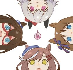 Rule 34 | 4girls, animal ears, beamed eighth notes, blue eyes, bow, brown hair, closed mouth, curren chan (umamusume), domino mask, ear bow, ear ornament, ears through headwear, el condor pasa (umamusume), grass wonder (umamusume), grey hair, hair ornament, hairclip, hat, heichicc47, highres, horse ears, looking at viewer, looking down, mask, matikane tannhauser (umamusume), multicolored hair, multiple girls, musical note, open mouth, pink eyes, short hair, smile, spoken musical note, streaked hair, umamusume, white background