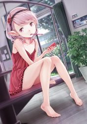 Rule 34 | 1girl, bad id, bad pixiv id, bare shoulders, barefoot, cellphone, dress, ell, feet, flower, hair flower, hair ornament, hairband, indoors, long legs, mouth hold, original, phone, plant, pointy ears, purple eyes, purple hair, rose, short hair, sitting, solo, stairs, toes, toothbrush, tree, window