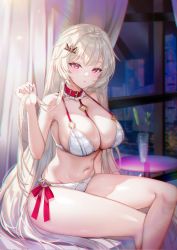 Rule 34 | 1girl, belt collar, blonde hair, blush, bra, breasts, choker, cleavage, collar, highres, holding, holding own hair, large breasts, long hair, looking at viewer, mole, mole under eye, navel, original, panties, picter, red eyes, red ribbon, ribbon, sitting, solo, thighs, underwear