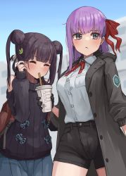 Rule 34 | 2girls, absurdres, bb (fate), bb (fate/extra), black coat, black gloves, black shorts, black sweater, blue skirt, blue sky, blunt bangs, blush, breasts, closed eyes, clothing cutout, coat, collared shirt, cup, double bun, dress shirt, drinking straw, fate/extra, fate/extra ccc, fate/grand order, fate (series), gloves, hair bun, hair ornament, hair ribbon, high-waist shorts, highres, kopaka (karda nui), large breasts, leaf hair ornament, long hair, long sleeves, looking at viewer, multiple girls, neck ribbon, open clothes, open coat, purple eyes, purple hair, red ribbon, ribbon, shirt, shorts, shoulder cutout, sidelocks, skirt, sky, smile, sweater, thighs, twintails, very long hair, white shirt, yang guifei (fate)