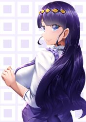 Rule 34 | 1girl, absurdres, alternate breast size, black hair, blue eyes, blunt bangs, casual, closed mouth, collar, commentary, curecycadura, delicious party precure, frilled collar, frills, from behind, highres, kasai amane, light blush, long hair, long sleeves, looking at viewer, looking back, precure, purple skirt, shirt, skirt, smile, solo, standing, suspender skirt, suspenders, white shirt