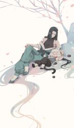 Rule 34 | 2boys, absurdly long hair, animal ears, bare shoulders, black hair, black pants, cat boy, cat ears, cat tail, child, closed eyes, crossed legs, flower, hand on another&#039;s head, highres, long hair, luo xiaohei, luo xiaohei (human), luo xiaohei zhanji, mugoa mugo, multiple boys, off shoulder, open mouth, pants, pectorals, petals, pink flower, rope, shadow, short hair, short sleeves, tail, tree, very long hair, white background, white hair, wuxian (the legend of luoxiaohei)