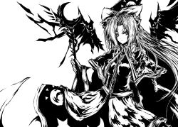 Rule 34 | 1girl, acryl, bow, capelet, crescent, crescent moon, female focus, ghost, greyscale, hat, long hair, mima (touhou), monochrome, moon, simple background, solo, staff, star (symbol), touhou, touhou (pc-98), wings, wizard hat