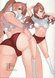 Rule 34 | 1girl, absurdres, arisugawa natsuha, arms up, artist name, ass, breasts, brown hair, buruma, dated, dutch angle, from behind, from below, full body, gym uniform, hair ornament, hair scrunchie, hands on own ass, highleg, highres, idolmaster, idolmaster shiny colors, long hair, looking back, medium breasts, mibu natsuki, midriff, multiple views, no navel, orange hair, ponytail, scan, scrunchie, short sleeves, simple background, smile, socks, stomach, thighs, tongue, tongue out, underboob, white background