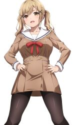 Rule 34 | 1girl, absurdres, bang dream!, black pantyhose, blonde hair, blush, breasts, brown dress, buttons, collarbone, commentary, double-breasted, dress, feet out of frame, hair ornament, hanasakigawa school uniform, hands on own hips, highres, ichigaya arisa, large breasts, long hair, long sleeves, looking at viewer, neck ribbon, noshimurin, open mouth, pantyhose, pleated dress, red ribbon, ribbon, sailor collar, school uniform, serafuku, simple background, solo, standing, teeth, twintails, upper teeth only, v-shaped eyebrows, white background, white sailor collar, x hair ornament, yellow eyes