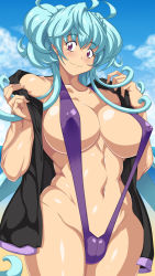 Rule 34 | 1girl, ahoge, beach, blue hair, blush, breasts, cagliostro (symphogear), cleavage, commentary request, covered erect nipples, curvy, day, female pubic hair, highres, kihaiu, large breasts, long hair, looking at viewer, navel, outdoors, plump, pubic hair, purple eyes, senki zesshou symphogear, shiny skin, slingshot swimsuit, smile, solo, standing, swimsuit, very long hair