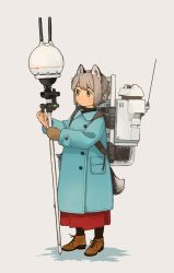 Rule 34 | 1girl, akai sashimi, animal ears, black pantyhose, blue coat, braid, braided bun, brown footwear, buttons, cat ears, cat girl, cat tail, closed mouth, coat, cross-laced footwear, dot nose, expressionless, from side, full body, grey background, grey eyes, grey hair, hair bun, hands up, highres, long sleeves, looking away, mittens, original, pantyhose, pocket, shadow, shoes, simple background, single mitten, solo, standing, tail, tareme, turtleneck