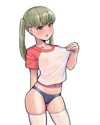 Rule 34 | 1girl, blonde hair, blush, breasts, buruma, cameltoe, cleft of venus, colorized, commentary, donburi (donburikazoku), flat chest, green eyes, gym uniform, long hair, maka albarn, navel, nipples, open mouth, see-through, shirt, simple background, small breasts, solo, soul eater, sweat, t-shirt, thighhighs, twintails, wet, wet clothes, wet shirt, white background