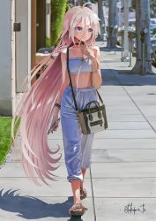 Rule 34 | 1girl, bad id, bad pixiv id, bag, bare shoulders, black choker, blue eyes, blurry, blurry background, bracelet, braid, cellphone, choker, city, commentary, day, flip-flops, full body, handbag, highres, holding, holding phone, ia (vocaloid), jewelry, long hair, looking to the side, midriff, open mouth, outdoors, pants, parking meter, phone, pink hair, realistic, sandals, shoulder bag, sidewalk, signature, solo, strapless, sweatpants, takepon1123, tube top, twin braids, very long hair, vocaloid, walking