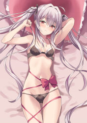 Rule 34 | 1girl, absurdres, arms up, black bow, black bra, black panties, blush, bow, bra, breasts, gift, grey hair, hair ornament, heart, heart-shaped pillow, highres, long hair, looking at viewer, naked ribbon, navel, on bed, original, panties, pillow, rasahan, red eyes, red ribbon, ribbon, small breasts, solo, twintails, underwear, underwear only, valentine