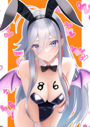 Rule 34 | 1girl, 86 -eightysix-, absurdres, ahoge, alternate costume, animal ears, antenna hair, bare shoulders, bat wings, black bow, black bowtie, black hairband, black leotard, blue eyes, body writing, bow, bowtie, breasts, cleavage, closed mouth, commentary request, covered navel, detached collar, fake animal ears, grey hair, groin, hair between eyes, hairband, halloween, halloween costume, heart, heart background, highleg, highleg leotard, highres, leone (kamina0205), leotard, long hair, looking at viewer, medium breasts, multicolored hair, paid reward available, pillarboxed, playboy bunny, purple wings, rabbit ears, smile, solo, streaked hair, very long hair, vladilena millize, wings, wrist cuffs