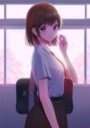 Rule 34 | 1girl, bag, black skirt, blouse, brown hair, closed mouth, collared shirt, earphones, from side, highres, indoors, looking at viewer, nao (nao85364), necktie, original, plaid, plaid skirt, pleated skirt, purple eyes, red necktie, school bag, school uniform, shirt, short hair, skirt, solo, standing, white shirt, wing collar