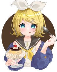 Rule 34 | 1girl, :p, blonde hair, blue eyes, blush, bow, cherry, cropped torso, flipped hair, food, fruit, gumi lilk, hair bow, hair ornament, hairclip, holding, holding food, holding spoon, jacket, kagamine rin, licking lips, looking at object, multicolored hair, neckerchief, off shoulder, pudding, pudding a la mode, school uniform, serafuku, shirt, short hair, sleeveless, sleeveless shirt, smile, solo, spoon, streaked hair, tongue, tongue out, vocaloid