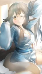 Rule 34 | 1girl, absurdly long hair, absurdres, aged up, animal ears, aquaplus, arms up, aruruu, black hair, blue kimono, blush, breasts, brown eyes, cleavage, closed mouth, full body, hair between eyes, hair over shoulder, highres, japanese clothes, kimono, large breasts, light rays, long hair, long sleeves, one eye closed, open clothes, open kimono, raised eyebrows, sabohani, sidelocks, sitting, solo, sunlight, tail, thick thighs, thighs, utawarerumono, utawarerumono: itsuwari no kamen, very long hair, waking up