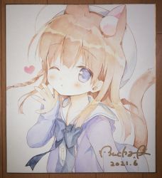 Rule 34 | 1girl, ;o, ahoge, animal ear fluff, animal ears, beret, black bow, blowing kiss, blue eyes, blush, bow, braid, brown hair, cat ears, cat girl, cat tail, dated, hair between eyes, hand up, hat, heart, highres, jacket, long hair, long sleeves, looking at viewer, one eye closed, open clothes, open jacket, original, parted lips, photo (medium), piyodera mucha, purple jacket, sailor collar, shirt, side braid, signature, single braid, sleeves past wrists, solo, tail, tail raised, traditional media, upper body, white hat, white sailor collar, white shirt