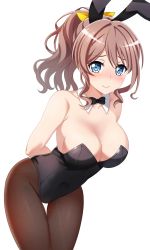Rule 34 | 1girl, animal ears, arms behind back, baek hyang&#039;geum, bang dream!, black leotard, black pantyhose, blue eyes, bow, bowtie, breasts, brown hair, cleavage, commentary request, covered navel, cowboy shot, detached collar, fake animal ears, hair ribbon, highres, korean commentary, large breasts, leaning forward, leotard, pantyhose, playboy bunny, ponytail, rabbit ears, rabbit tail, ribbon, simple background, solo, standing, tail, thigh gap, white background, yamabuki saya