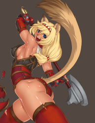 Rule 34 | 00s, 1girl, absurdres, amazon warrior, animal ears, armor, axe, blonde hair, blue eyes, breasts, cat ears, cat girl, cat tail, dimples of venus, elbow gloves, fang, final fantasy, final fantasy xi, fingerless gloves, gauntlets, gloves, gochou, gochou (kedama), highres, large breasts, long hair, mithra (ff11), muscular, one-piece swimsuit, red leather, sideboob, solo, swimsuit, tail, thighhighs, warrior, warrior (final fantasy), weapon