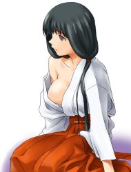 Rule 34 | 1girl, bare shoulders, black hair, breasts, cleavage, empty eyes, exif thumbnail surprise, female focus, hair tie, hakama, hakama skirt, japanese clothes, long hair, looking away, medium breasts, miko, no bra, off shoulder, original, parted lips, purple eyes, red hakama, simple background, sitting, skirt, solo, traditional clothes, white background
