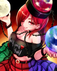 Rule 34 | 1girl, ;p, bare shoulders, belt, black background, black shirt, breasts, chain, cleavage, closed mouth, clothes writing, collar, cuffs, earth (ornament), gradient background, hands up, heart, hecatia lapislazuli, highres, holding, large breasts, licking lips, long hair, looking at viewer, midriff, moon (ornament), multicolored clothes, multicolored skirt, o-ring, o-ring belt, off-shoulder shirt, off shoulder, one eye closed, orange background, red eyes, red hair, shirt, skirt, smile, solo, t-shirt, tongue, tongue out, touhou, wikumi, yellow background